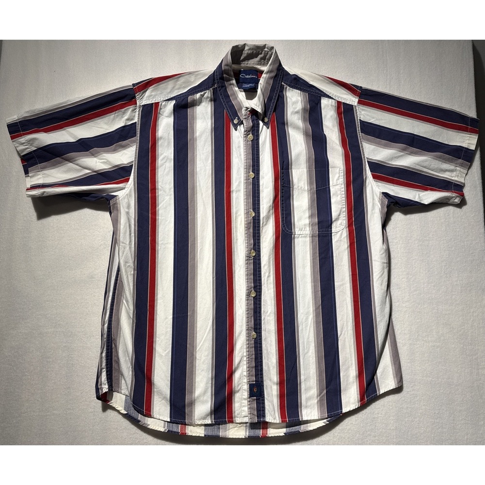 Vintage Catalina Shirt Mens L Stripe Americana  Short Sleeve Button Up 90s